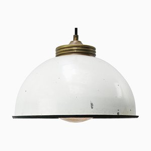 White Vintage Brass and Enamel Pendant Light with Frosted Glass
