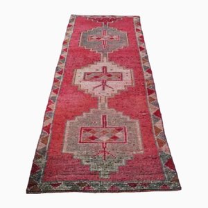 Vintage Turkish Hand-Knotted Crimson and Pink Wool Oushak Hallway Rug, 1960s
