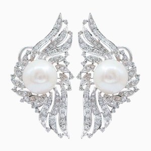 14 Karat Weißgold Ohrringe mit Weißen Perlen und Diamanten, 1970er, 2er Set