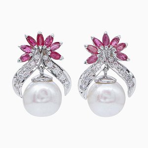 14 Karat White Gold Earrings with White Pearls, Rubies and Diamonds, 1970s, Set of 2
