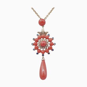 Collier avec pendentif en corail, saphirs, diamants et or rose 14 carats, années 50
