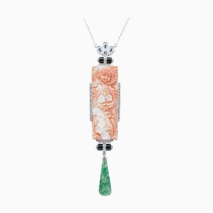 Collier à pendentif en platine avec corail, jade, onyx, saphirs et diamants, années 50