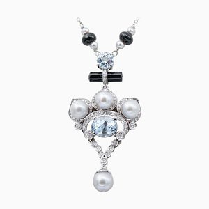 Collier à pendentif en platine avec perles, aigue-marine, diamants et onyx, années 60