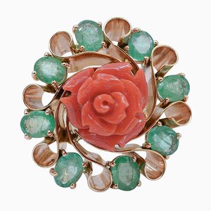 14 Karat Rose Gold Ring with Coral and Emeralds, 1950s