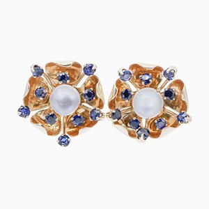 14 Karat Rose Gold Earrings with Moonstones and Sapphires, 1960s, Set of 2