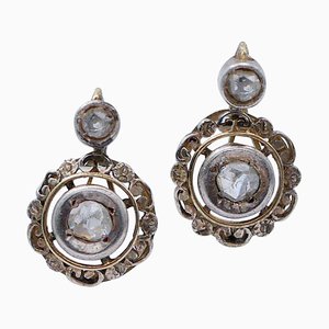 Retro Yellow Gold and Silver Earrings with Diamonds, 1940s, Set of 2