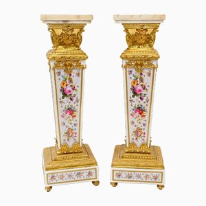Louis XVI French Floral Gilt Porcelain Pedestal Stands, Set of 2