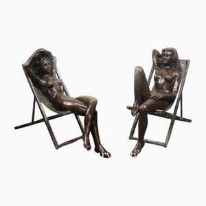 Lifesize Nude Female on Deck Chair Statues, Set of 2