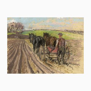 Alice Des Clayes, Ploughman with Horses, 20th Century, Pastel Drawing