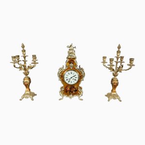 Garniture de Cheminée en Bronze Doré et Vernis Martin de Style Louis XV, Milieu du 19ème Siècle, Set de 3
