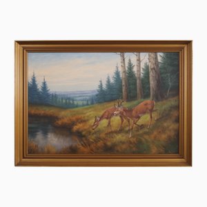 Wolmer Zier, Two Deer by the Water, 1960s, Oil on Canvas, Framed