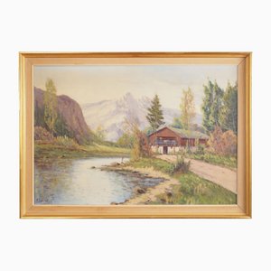 Scandinavian Artist, The Chalet at the Mountain Stream, 1970s, Oil on Canvas