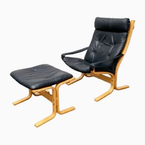Set of Norwegian Siesta Leather Lounge Chair with Ottoman by Ingmar Relling for Ekornes