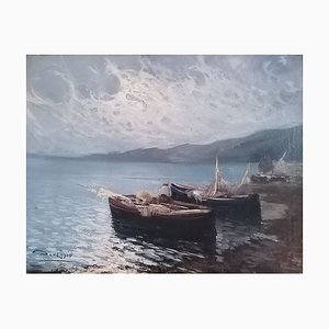 Arnaldo De Lisio, Râteaux de Pêche sur une Côte Méditerranéenne, 20th Century, Oil on Canvas, Framed