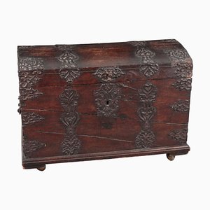 Antique German Baroque Bound Treasure Chest in Oak and Iron