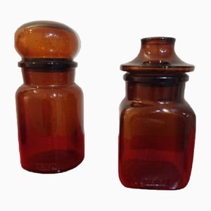 Vintage Amber Glass Apothecary Pots, Set of 2