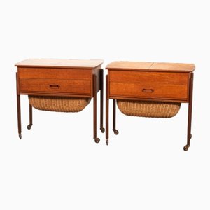 Scandinavian Teak Sewing Side Tables in style of Hans Wegner with Cane Basket, 1960s, Set of 2