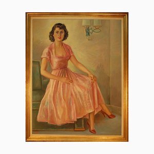 Mujer Art Déco con vestido sentada en un sillón, años 20, óleo sobre lienzo, enmarcado