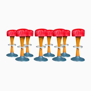 Mid-Century Oak with Red Skai Leather Bar Stools, Set of 8