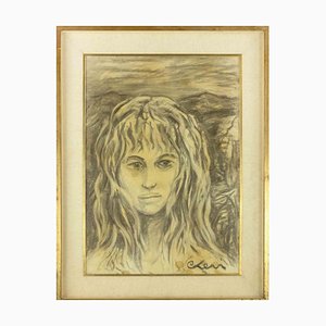 Carlo Levi, Portrait of Girl, Charcoal Drawing, Mid-20th Century, Framed