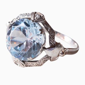 Vintage 18k White Gold Ring with Blue Spinel and Diamonds, 1940s