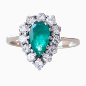 Vintage 18k White Gold Ring with Pear Shaped Emerald and Brilliant Cut Diamonds, 1960s