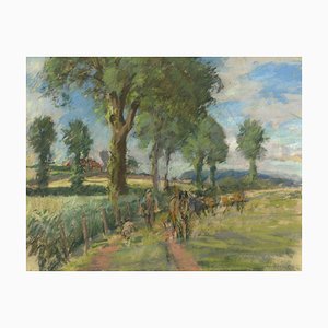 Alice Des Clayes Arca, Farmer with His Dog & Horses, 20th Century, Pastel Drawing