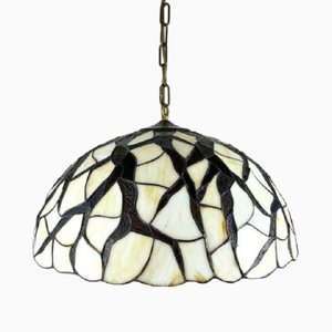 Italian Tiffany Style Ceiling Lamp in Stained Glass & Brass, 1980s