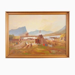 Vilhelm Oskar Engström, The Riverside Camp, 1800s, Oil on Canvas, Framed
