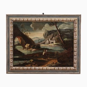 Italian Artist, Landscape with Characters, 18th Century, Oil on Canvas, Framed