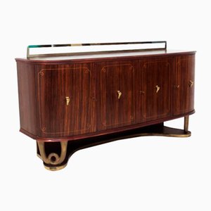 Credenza Mid-Century in ottone, legno e vetro, anni '50