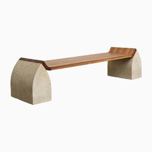 Large American Traaf Bench in Walnut and Granito Stone by Tim Vranken
