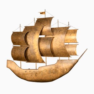 Wall Mounted Galleon Ship in Gilt Metal, 1970s