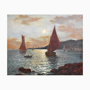Jean Keuléyan-Lafon, Harbour with Sunset, 20th Century, Oil on Canvas, Framed