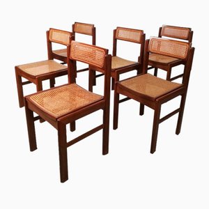 Chairs in Walnut and Natural Rattan in the Style of Pierre Jeanneret, Italy, 1970s, Set of 6