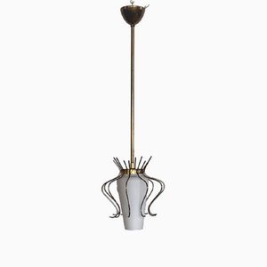 Mid-Century Italian Pendant Lamp in Opaline Glass with Brass Details, 1950s