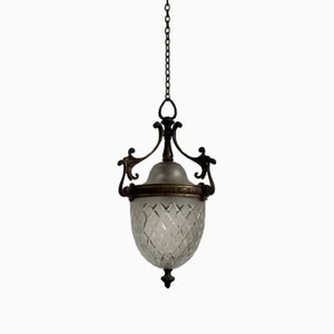 Edwardian English Brass and Prismatic Cut Glass Ceiling Pendant Light