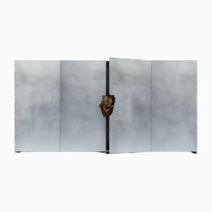 Long Oxidized and Waxed Aluminium Cabinet with Petrified Wood Stone by Pierre De Valck