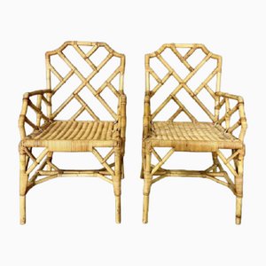 Chinese Chippendale Style Chairs in Rattan and Bamboo, 1970s, Set of 2