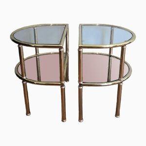 Tavolini rotondi in ottone e metallo cromato, anni '70, set di 2