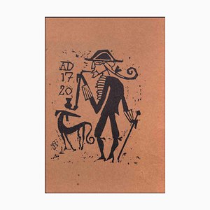 Charles Sterns, Smoking Man with Dog, Woodcut Print, Early 20th Century