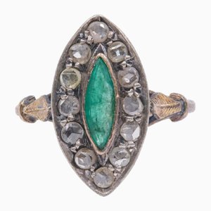 18k Gold and Silver Ring with Emerald and Rose Cut Diamonds, 900s
