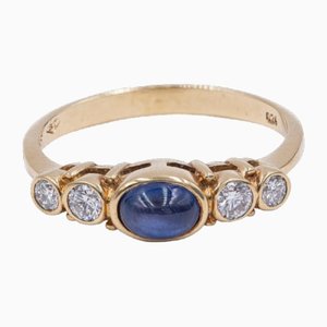 Vintage 14kt Yellow Gold Cabochon Sapphire and Diamond Ring, 1970s