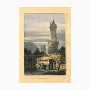 After Samuel Prout, Round Tower, Andernach Miniature, 1830s, Watercolour