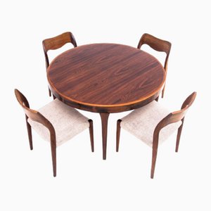 Rosewood Extendable Dining Table and Chairs by N. O. Møller, 1960s, Set of 7