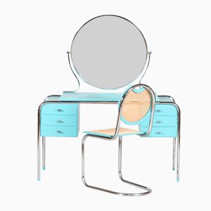 Art Deco Danish Dressing Table with Round Mirror and Chair, 1930s, Set of 2