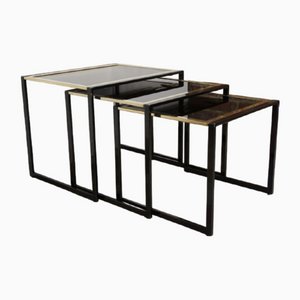 Black and Gold-Plated Lacquered Metal Nesting Tables, 1970s, Set of 3