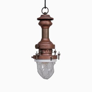 Lámpara colgante industrial antigua de cobre, latón y vidrio