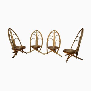 Rattan and Wood Lounge Chairs, 1960s, Set of 4