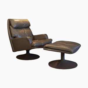 Swivel Leather Chair with Ottoman from Leolux, 1960s, Set of 2
